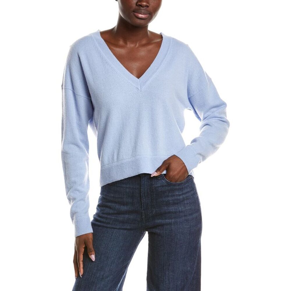 Naadam Womens  Cashmere Cropped V-Neck Pullover, Blue